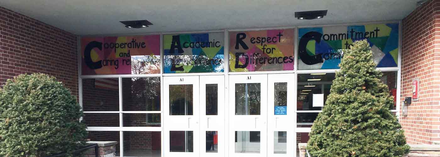 Upham School entryway with core values signs